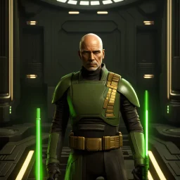 star wars bald male corellian jedi pilot wearing black and olive drab old republic armored flightsuit with gold trim inside the jedi temple holding a lightsaber with viridian green blade in left hand, centered head and shoulders portrait, hyperdetailed, dynamic lighting, hyperdetailed background, 8k resolution, volumetric lighting, light skin, fully symmetric details