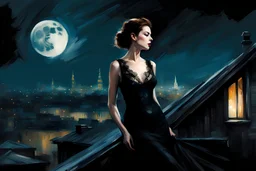 anne hathaway in a sexy black lace dress on a roof at night under a full moon : dark mysterious esoteric atmosphere :: digital matt painting with rough paint strokes by Jeremy Mann + Carne Griffiths + Leonid Afremov, black canvas, dramatic shading