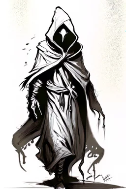 Hooded figure black and white ttrpg sketch art full body