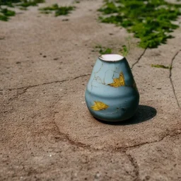 moody artistic photo of a tiny cracked ceramic vase repaired with gold, kintsugi, garden setting, beautiful landscape photography, beautiful, vines and leaves, delicate, cinematic, high detail, beautiful composition, delicate arrangement, aesthetic, soft lighting, award winning photography, tender