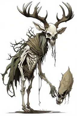 wendigo with a deer skull covering head and face with a snout and emaciated full body image