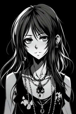 Potrait an anime girl black and white. She’s emo and grunge. Make her look away from the camera. Her hair is a layer cut and hime style. She wear baggy clothes with crystal necklace. Likes music. Potrait her until her chest.