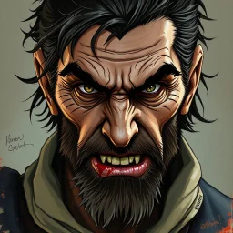 dnd, fantasy, handpainted, renaissance, stylistic, portrait, illustration, artistic, professional illlustration, male, face, weathered face, sly, violent, evil, vigorous, rogue, criminal
