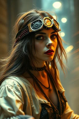 motion blur cyberpunk young biker Michelle Pfeiffer gypsy vampire with head band mods painted by Rembrandt and Titian and Giger