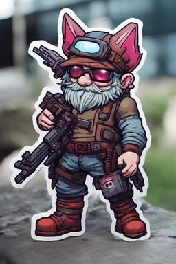 video game character, cyberpunk gnome, with a gattling gun, make it as a sticker