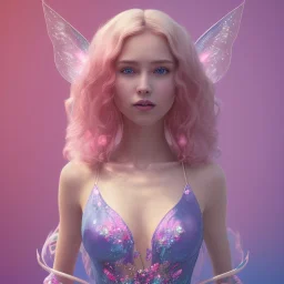 a pink castle, a cheerful fairy in front, big smile, pink, blonde hair, beautiful, whole face, whole top hair head, wide open blue eyes, transparent wings onn the back, hyperrealism, masterpiece, expert, cinematic lighting, sharp focus, 8K, pastel, macro lens, woman, detailed, flower