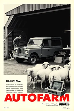 nike print ad from the 80s, mcdonalds ad from the 80s, mac computer ad from the 80s, featuring a landrover being fixed at a farm. sheep are all over the place, company name in bold (AUTOFARM), nike print ad style, mac computer ad from the 80s, sexy 1950s print advertisement