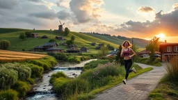 a village over high grassy hills,a small fall and river and wild flowers at river sides, trees houses ,next to Ripe wheat ready for harvest farm,windmill ,a few village local shops ,cloudy sun set sky, a beautifull lady in sports pants and top shirt runimg to camera along river side