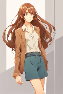 attractive anime woman with brown long hair, modern clothes, full body in frame