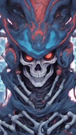 a close up of a person with a skull on their head, blue and black colors, anime skull portrait man, scary detailed art in color, hiroyuki-mitsume takahashi, nychos art aesthetic, half man half skeleton, anime cyberpunk art, colored manga art, rossdraws pastel vibrant, hot colors. insanely detailed, beautiful anime portrait, stunning anime face portrait, scary art in color