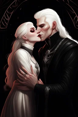 Strahd Von Zarovich being kissed by a beautiful woman with white hair, wearing an off the shoulder dress. Settling and background are a lavish toomb with an ebony coffin.