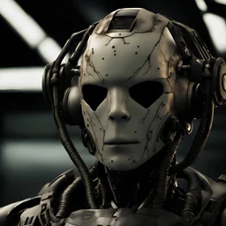 a close up portrait of a combat cyborg. It's looking directly ahead. photorealistic. use these themes: the borg, the matrix squiddies, cyberpunk. the lighting should be dark. it is standing in the shadows. it's battle damaged after years of action. incredibly ominous. it has targetting sensor externally attached to its head.