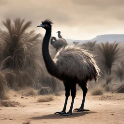 [high res photo by Ray Harryhausen] amidst the chaos of the Great Emu War, a lone emu stands out among the rest. This emu, towering and majestic, wears a helmet from World War II perched upon its feathery head. The helmet, dented and weathered, adds an air of defiance to the emu's already intimidating presence.