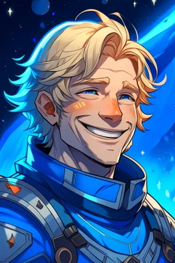 Galactic strong smiling man knight of sky deep blue eyed blondhaired vessel