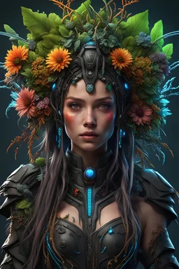 Expressively detailed and intricate 3d rendering of a hyperrealistic: Caucasian girl, cyberpunk plants and flowers, neon, vines, flying insect, front view, dripping colorful paint, tribalism, gothic, shamanism, cosmic fractals, dystopian, dendritic, artstation: award-winning: professional portrait: atmospheric: commanding: fantastical: clarity: 16k: ultra quality: striking: brilliance: stunning colors: amazing depth