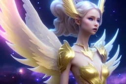  beautiful cosmic fairy, long hair, golden skin, nice smiling, transparent wings, magic glamour make up, delicate colors, beautiful glamour galactique dress, ultra sharp focus, 8k, unreal engine 5, extremely sharp detail, light effect, soft light atmosphere of a spaceship, smooth, full of details, face in front, complete vision of face and hair and body