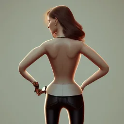 Woman with crook, back view, black trousers, render background, brown hair