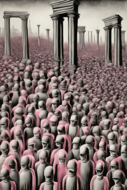 columns of gray men on the march toward sterility and self destruction; optical art; black and white ink wash with 50 shades of pink