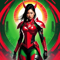 the Asian woman superheroine emerges as a cyber-samurai of unmatched prowess. Clad in a red, futuristic harness with mechanical elements, she stands against a vibrant green backdrop, illuminated by a crimson sun. Her armor, a fusion of samurai heritage and high-tech marvels, symbolizes strength and sophistication. Amidst the mystical aura of a black and white Baphomet sigil, she contemplates with serene grace, her ink-like hair flowing in contemplation of battles within and without.