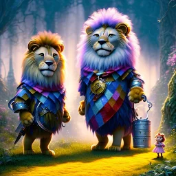 cute fluffy lion, scarecrow, tin-man, little girl on a journey into the woods walking on a yellow brick road, cute adorable pop surrealism, lowbrow art, realistic, street fashion, fluffy , pixar style, hyperrealism, rococo, Pixar, Disney, concept art, 3d digital art, Maya 3D, ZBrush Central 3D shading, bright colored background, radial gradient background, cinematic, Reimagined by industrial light and magic, 4k resolution post processing 8k resolution holographic astral cosmic illustra