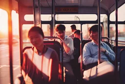 viajeros en el autobús urbano, fotografía realista, realizada con una cámra Fuji y un objetivo de 35 mm, atardecer