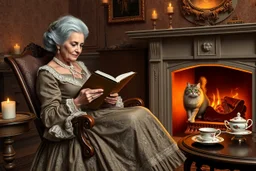 create an elegant old English parlor scene, noble elderly woman in richly detailed 1800s gown, seated by a roaring fireplace in a rocking chair, reading as a fluffy Persian cat with glowing green eyes rests on her lap, candlelight flickering, antique wallpaper, teacup and porcelain tray nearby --ar 3:2 --v 7 --style raw