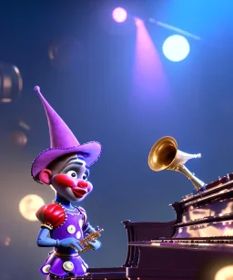 mechanoid clown playing jazz with a steampunk theme, trumpet, realistic