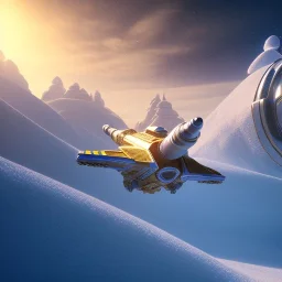 Spaceship landed on snowy mountain, sunny day. clear blue sky. gold. Elegant. Extremely detailed. Award winning photography. Fantasy. 8k. Cinematic lighting. Photorealistic. Dynamic lighting. Imperial colors. Crisp quality. Unreal Engine. Colourful cinematic postprocessing. Pixar. VRay.