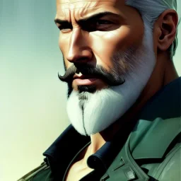 "MIddle aged white human male, with a trimmed but uneven beard, piercing green eyes with slick back hair,complete head and shoulders portrait, 8k resolution concept art portrait by Greg Rutkowski, Artgerm, WLOP, Alphonse Mucha dynamic lighting hyperdetailed intricately detailed Splash art trending on Artstation triadic colors Unreal Engine 5 volumetric lighting Splash art fantasy"