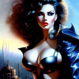 portrait of beautiful busty Retro Futuristic Pin-Up painting by azpiri,Brom,Luis Royo,evan lee oil on canvas, cinematic composition, extreme detail,fit full head inside picture