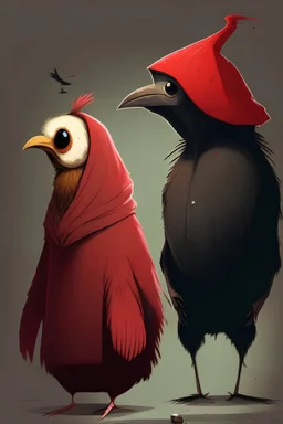 Two animals, one is a guinea pig the other one a bird with a red chest, in the art style of little nightmares very cursed