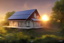 sunrise over a modern home with solar panels