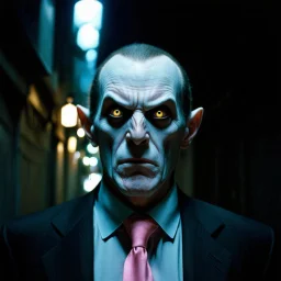 very grainy discolored 2000s photo, closeup portrait, dark night alley with no lights, grunge, extremely gaunt male with chalk-white skin wearing a good suit with a pink tie, calm, imposing, crazy look in the eyes, malkavian, nosferatu