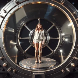 picture of a very huge real working physic based gyroscope with mirror surfaces in a inter star environment ,a very pretty lady with modern future clothing boots standing in main turning disk of gyroscope.1x1