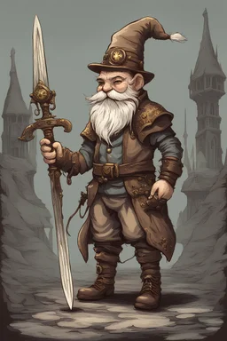 A clockwork gnome in a Illustration Style for a high fantasy world. full portrait with a sword