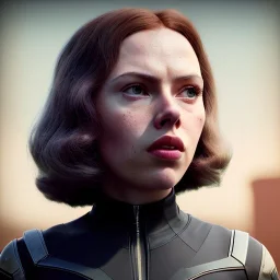 retro sci-fi portrait image from 1960, supermarket parking explosion, fire, classic black widow, young Scarlett Johansson, tight lycra suit, soft color, highly detailed, unreal engine 5, ray tracing, RTX, lumen lighting, ultra detail, volumetric lighting, 3d, finely drawn, high definition, high resolution.