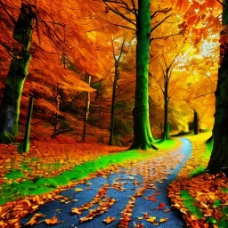 fall forest walkway fallen tree leaves , very beautiful environment and sky