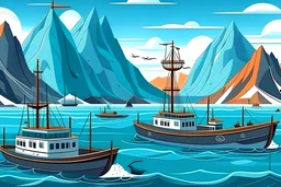 marine ecosystem Iceland mountains haddock and Atlantic cod cartoon style fishing trawlers
