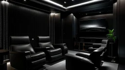 black themed home cinema room, recliners, ambient lighting, warm environment