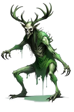 wendigo green fur slightly hunched over with deer skull covering head and face, fingers ending in claws with long arms reaching knees which bend backwards, eyes that are sunken back, full body image