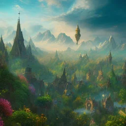 Let's create a fantasy world landscape. It should be like a starry sky and paradise with the city that has a wall around the city. Hopefully, we can incorporate trees, grass, and mountains. This is one image needed.