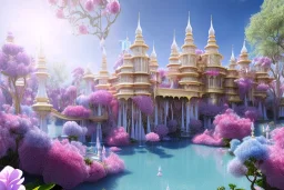 cascade,a magical crystal flower lys bougainvillier, blue gold house indian palace castle in the sky blue, magnolias pink,blue lake,sun,white swanns,pink vertical, blue lake,sharp, vines, candlelit, endor, ornate, elegant, highly detailed, artstation, concept art, smooth, sharp focus, illustration, 8k, splash art, wallpaper, key visual