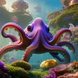 pixar style, volumetric summer garden environment and background, realistic painting of a octopus, looking excited, detailed digital painting, extreme dense and fine fur, anime, ornate, colour-washed colors, elegant, small minutiae, tiny features, particulars, centered, smooth, sharp focus, renderman gofur render, 8k, uhd, detailed eyes, realistic shaded volumetric lighting, sunlight caustics, backlight, centered camera view