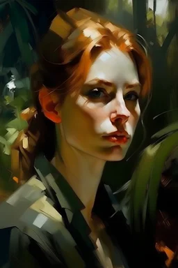woman face fashion i a djungle. She is at peace. zorn oil painting
