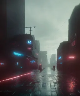 dystopian, empty city, cyberpunk, raining, dark, midnight