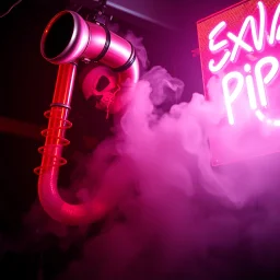 A exhaust pipe performing at dance club, his name is "exhaust pipe" and looks crazy, looks very aggressive look, Neon lights and smog, Im a "exhaust pipe" SIGN ON WALL
