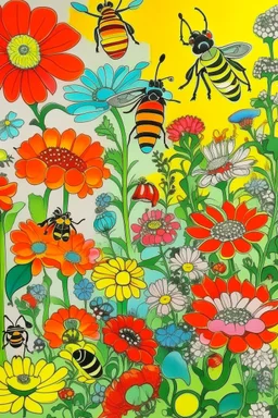 flowers, butterflies, bees, and ladybugs in a garden setting, thick outline, low details, Vivid Color