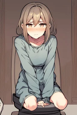 anime girl sitting on the toilet, struggling.