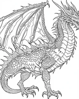 coloring image of full body dragon, line art, realistic, white background