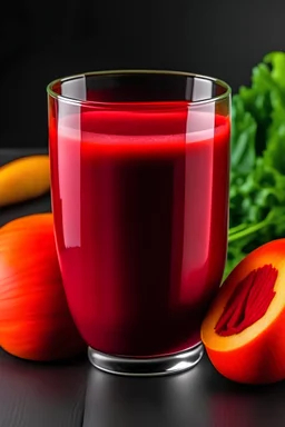 A picture of a glass filled with a vibrant red juice made from beets, carrots, and apples.